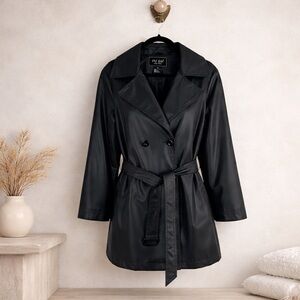Fu Da NY Black Belted Trench Raincoat Nylon Double‎ Breasted Jacket Medium
